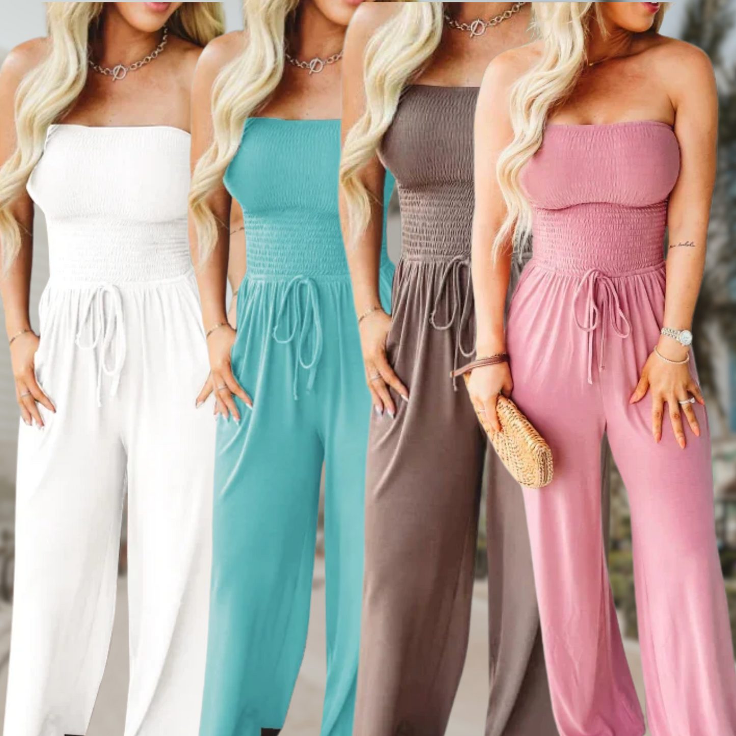 Victoire | Strapless Smocked Tie-Waist Wide Leg Jumpsuit