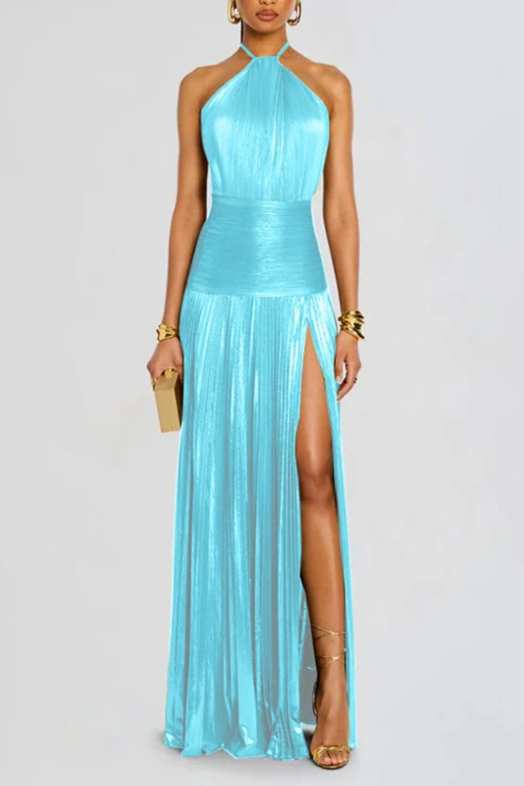 Harlow | Halter Pleated Satin Maxi Wedding Guest Dress