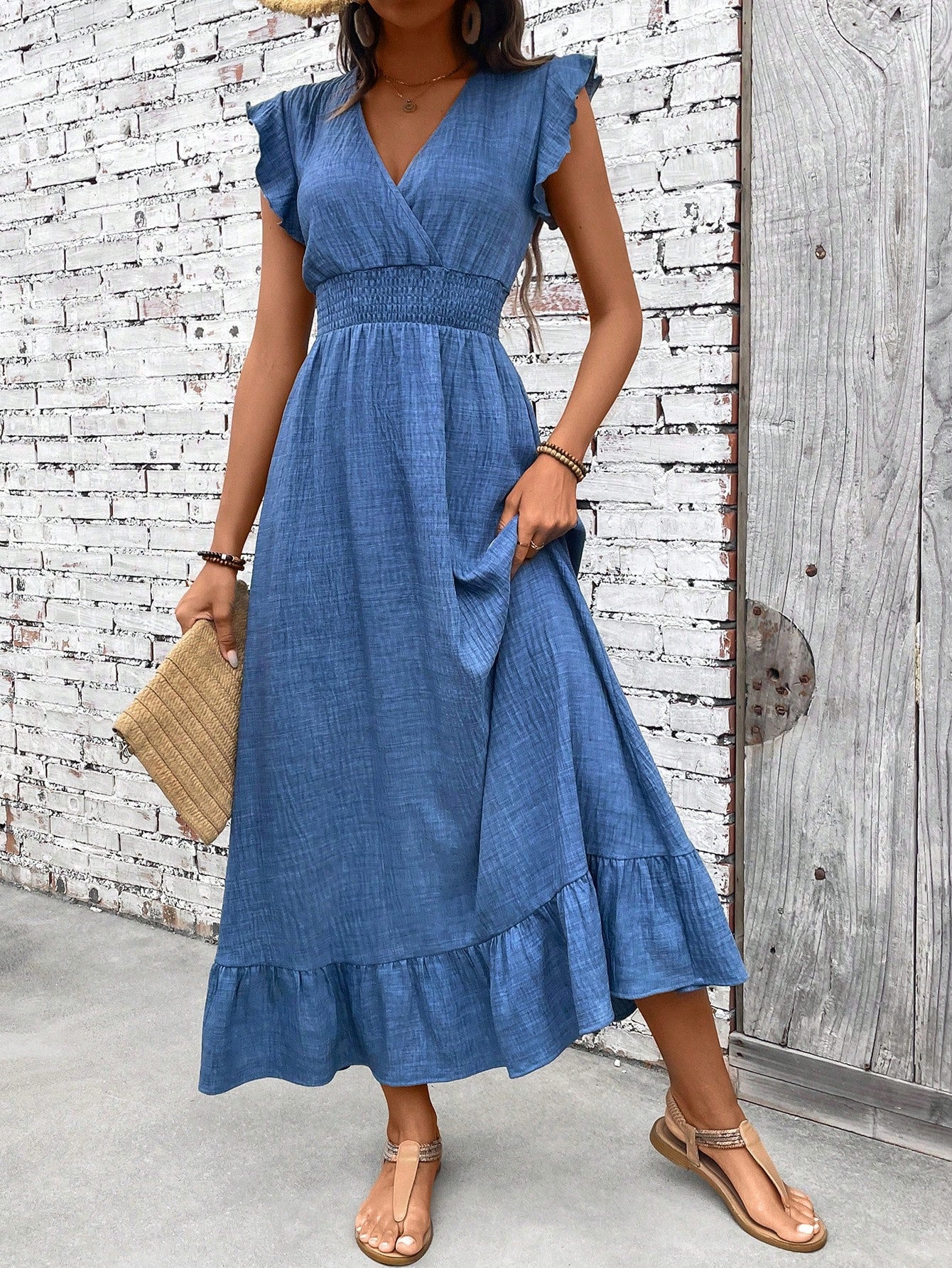 Lunelle | V-Neck Smocked Ruffle Hem Maxi Dress