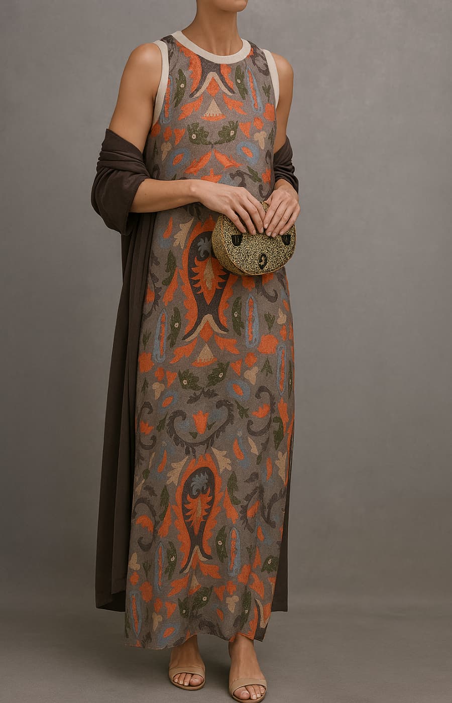 Boho print maxi dress with open-front coat