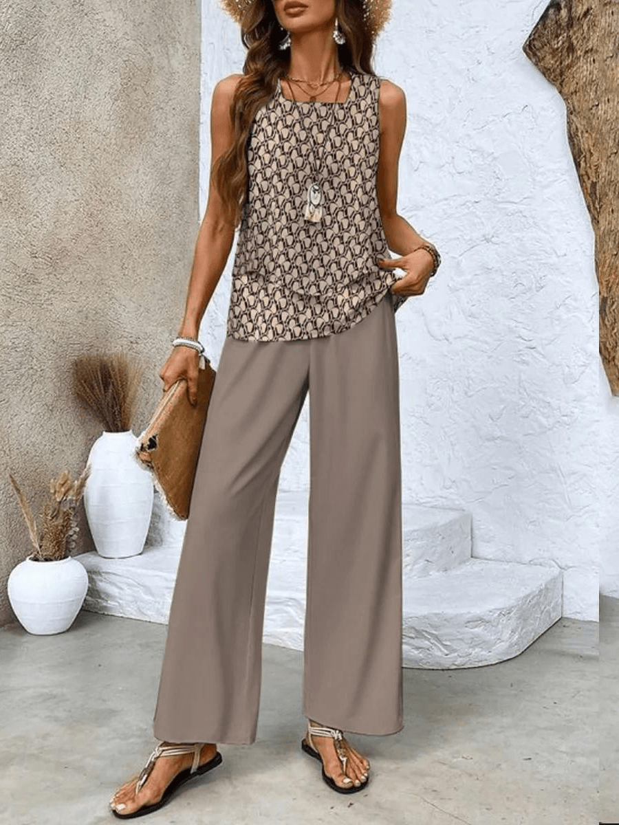 Brinley | Layered Sleeveless Top & Leaf Print Pant Set