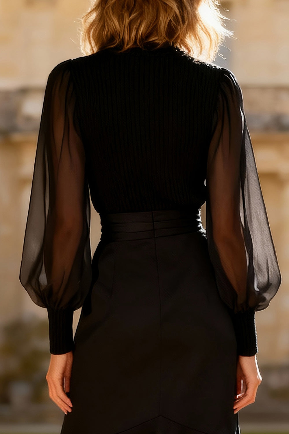 Ava | High Neck Sheer Sleeve Black Cocktail Dress