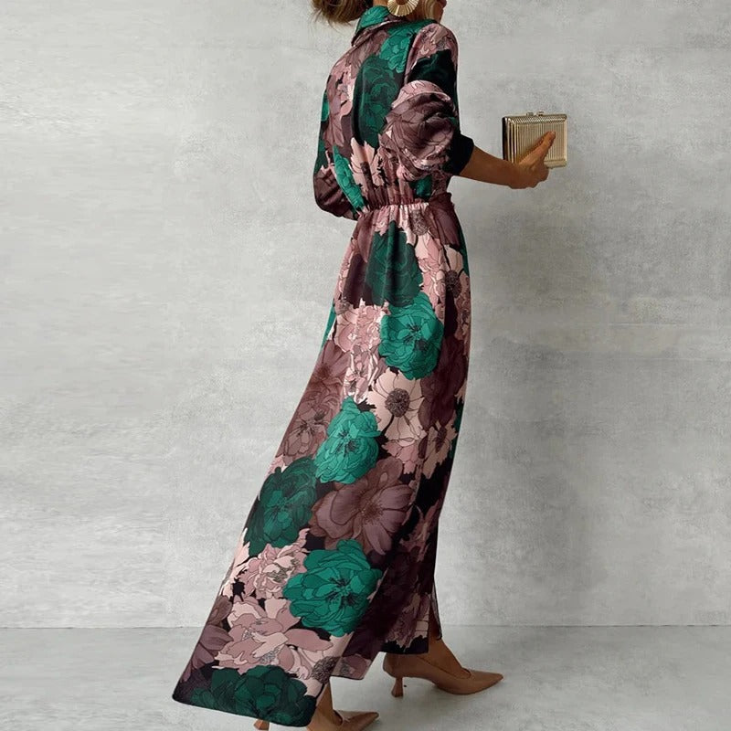 Jewel-tone floral belted shirt dress full-length view