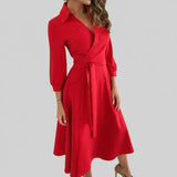 Belted A-line midi dress in red, front view