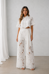 Lace shirt and wide-leg trouser set in white, front view
