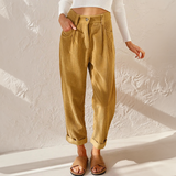 High-waist corduroy trousers in yellow, front view