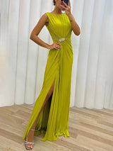 Pleated flowy maxi dress in yellow, front view