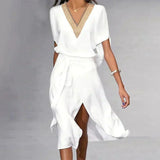 Wrap V-neck ruffle hem midi dress in white, front view