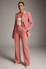 Single-breasted blazer and straight trouser suit in pink, front view