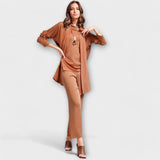 Three-piece set with longline cardigan, front view