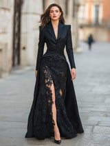 Blazer-style lace maxi evening dress in black, front view