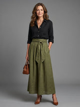 Button-front blouse and tie-front midi skirt set, front view