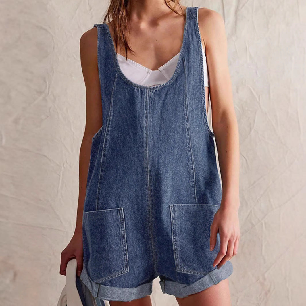 Roselinne | Sleeveless Denim Summer Romper with Pockets