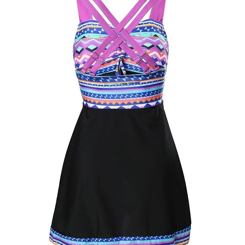 Indra | Geometric Print Swim Dress with Built-In Shorts