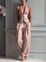 Lapel vest and pleated wide-leg trouser set, front view