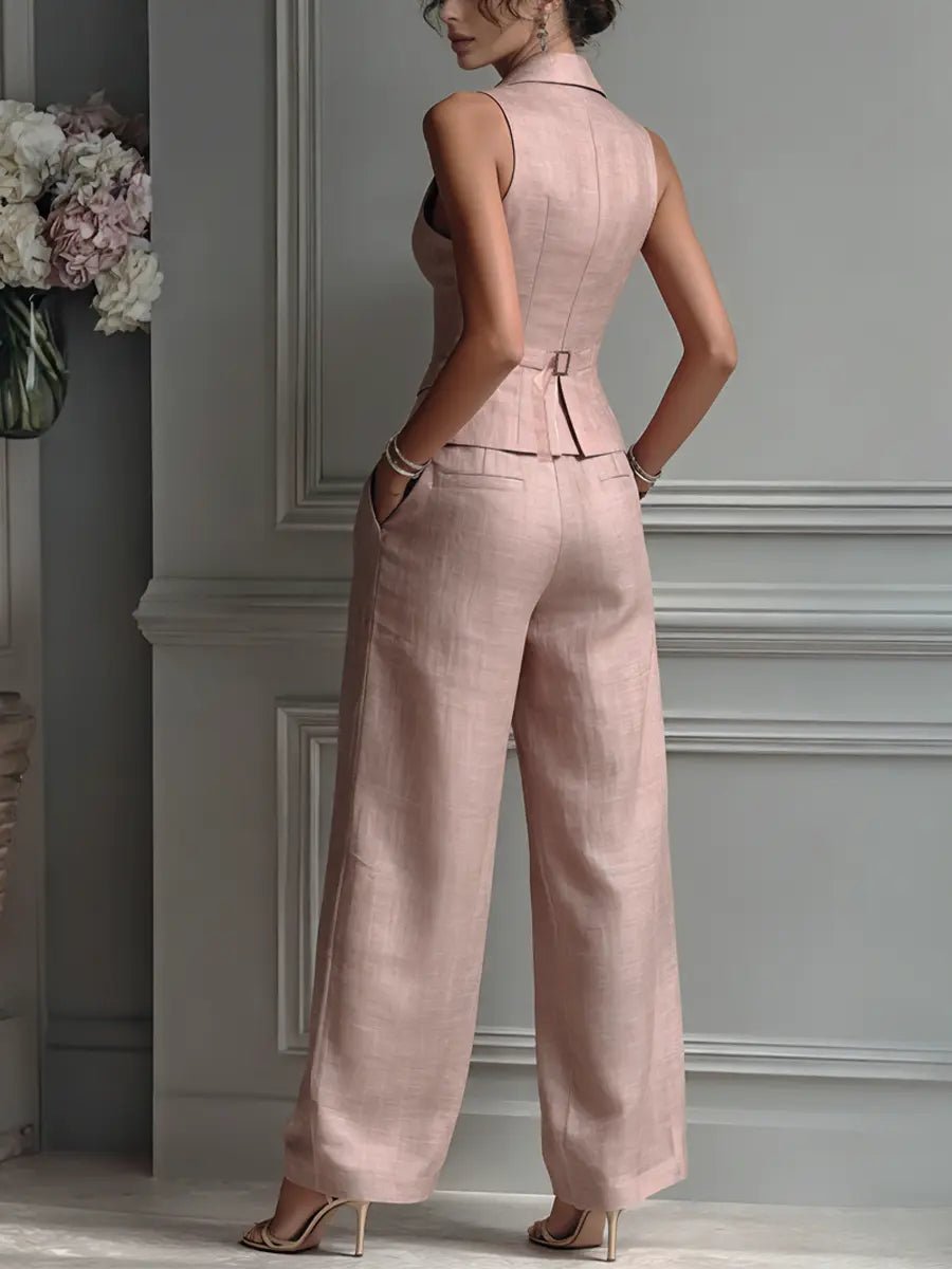 Lapel vest and pleated trouser set, back view