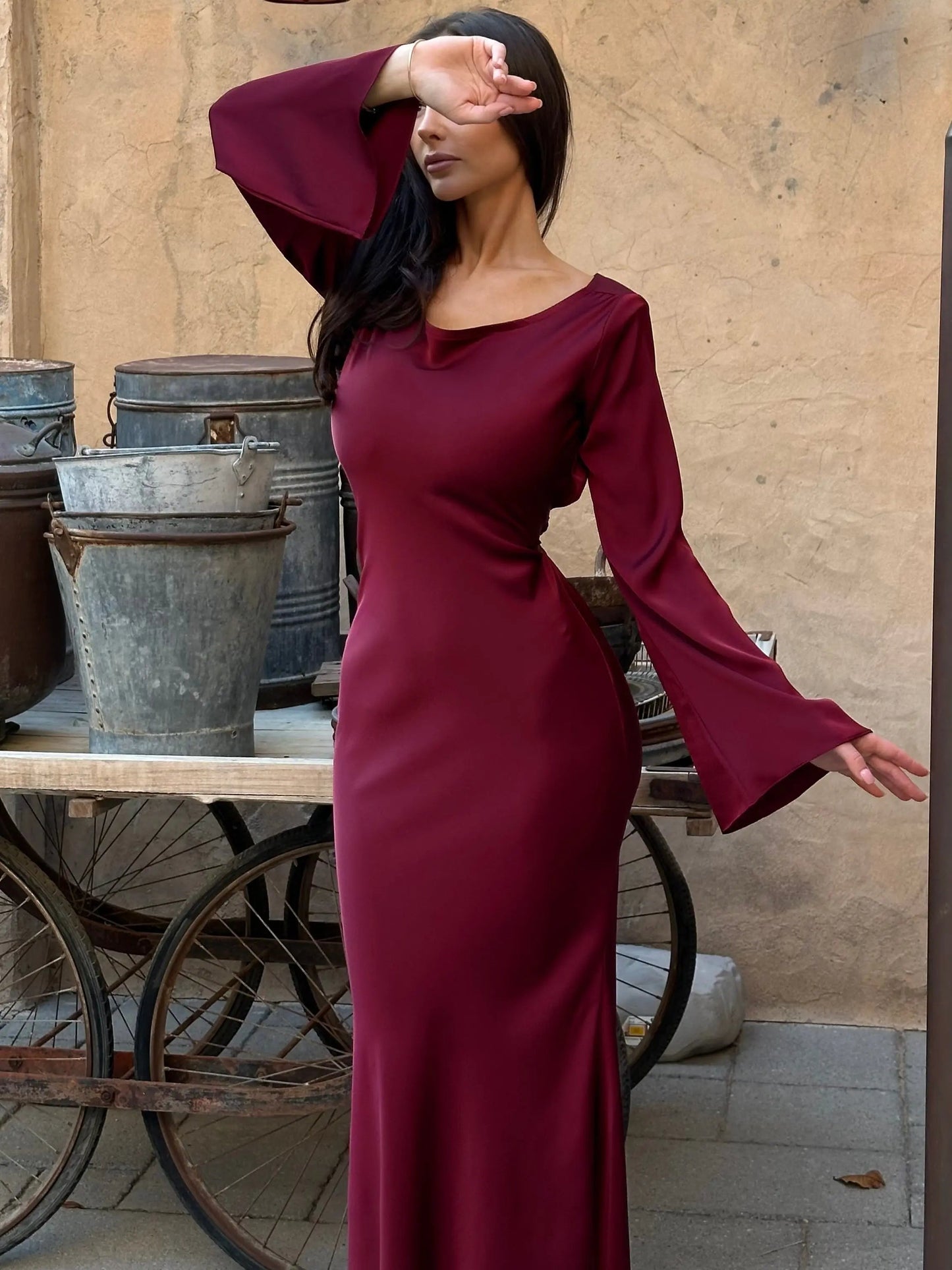 Serena | Satin Long Sleeve Maxi Evening Gown