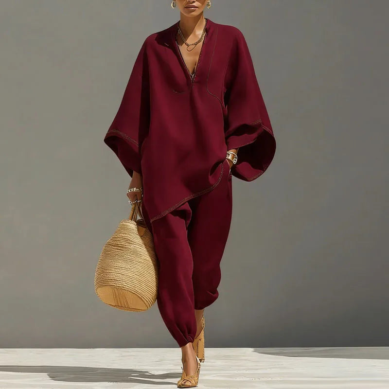 Léonie | Deep V-Neck Batwing Sleeve Top & Tapered Pants Set