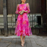 Floral chiffon long sleeve wedding guest midi dress