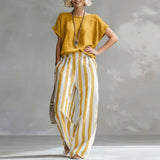Rosalie | Short Sleeve Crew Neck Top & Striped Wide Leg Trousers Set