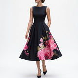 Black cocktail midi dress with floral skirt