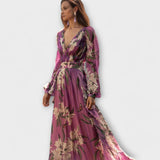V-neck long-sleeve maxi dress in purple, front view
