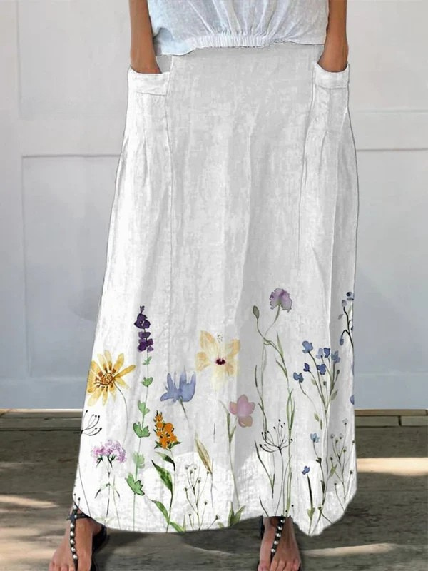 Wren | Watercolor Floral A-Line Maxi Skirt with Pockets