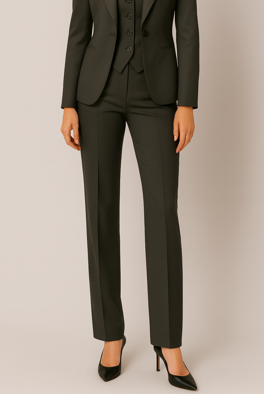 Black blazer vest and trouser suit full-length view