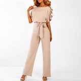 Belted wide-leg jumpsuit in blue, front view