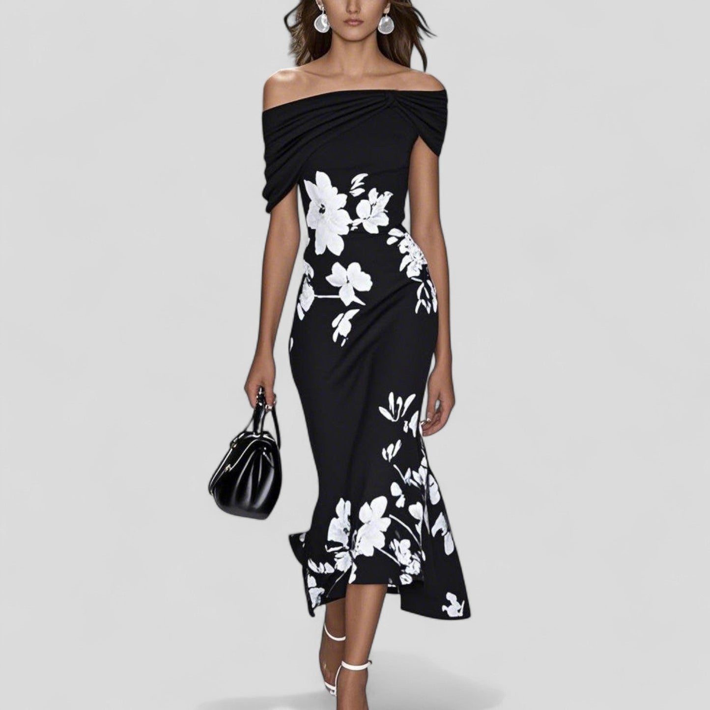 Virelle | Floral Off-Shoulder Midi Wedding Guest Dress