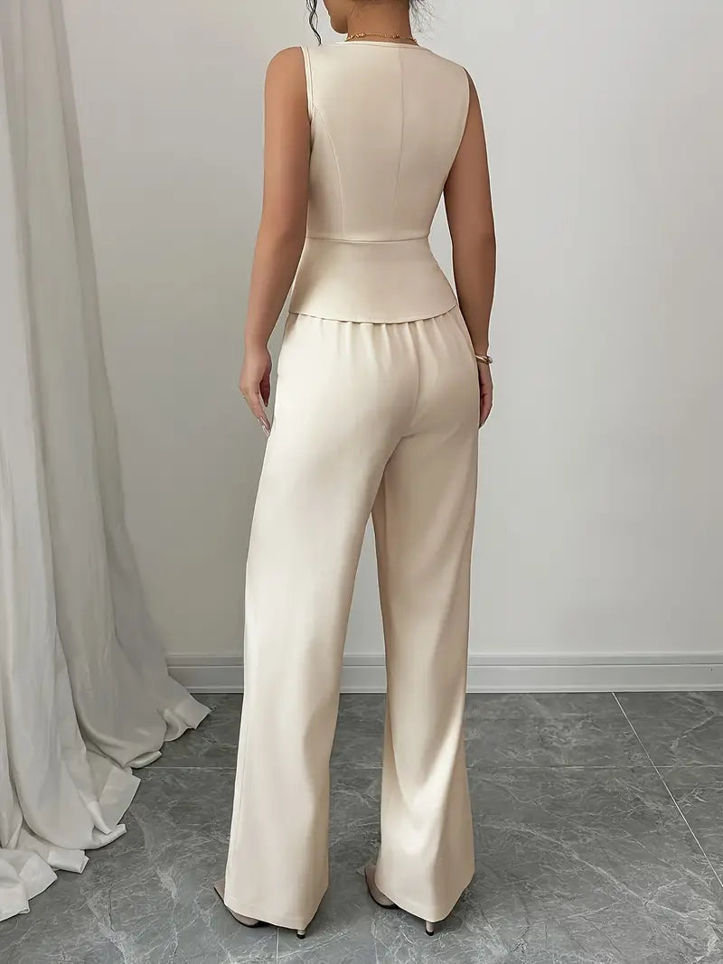 Cream V-neck waistcoat and wide-leg trouser set, back view