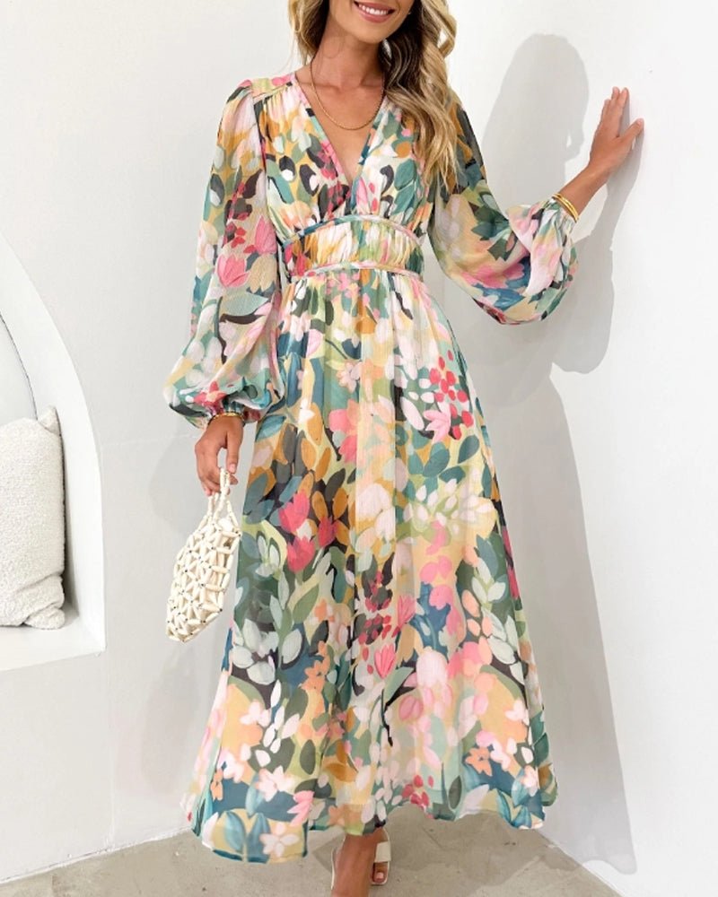 Floral V-neck long sleeve midi dress, side view