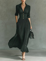 Collared pleated long sleeve maxi dress, front view