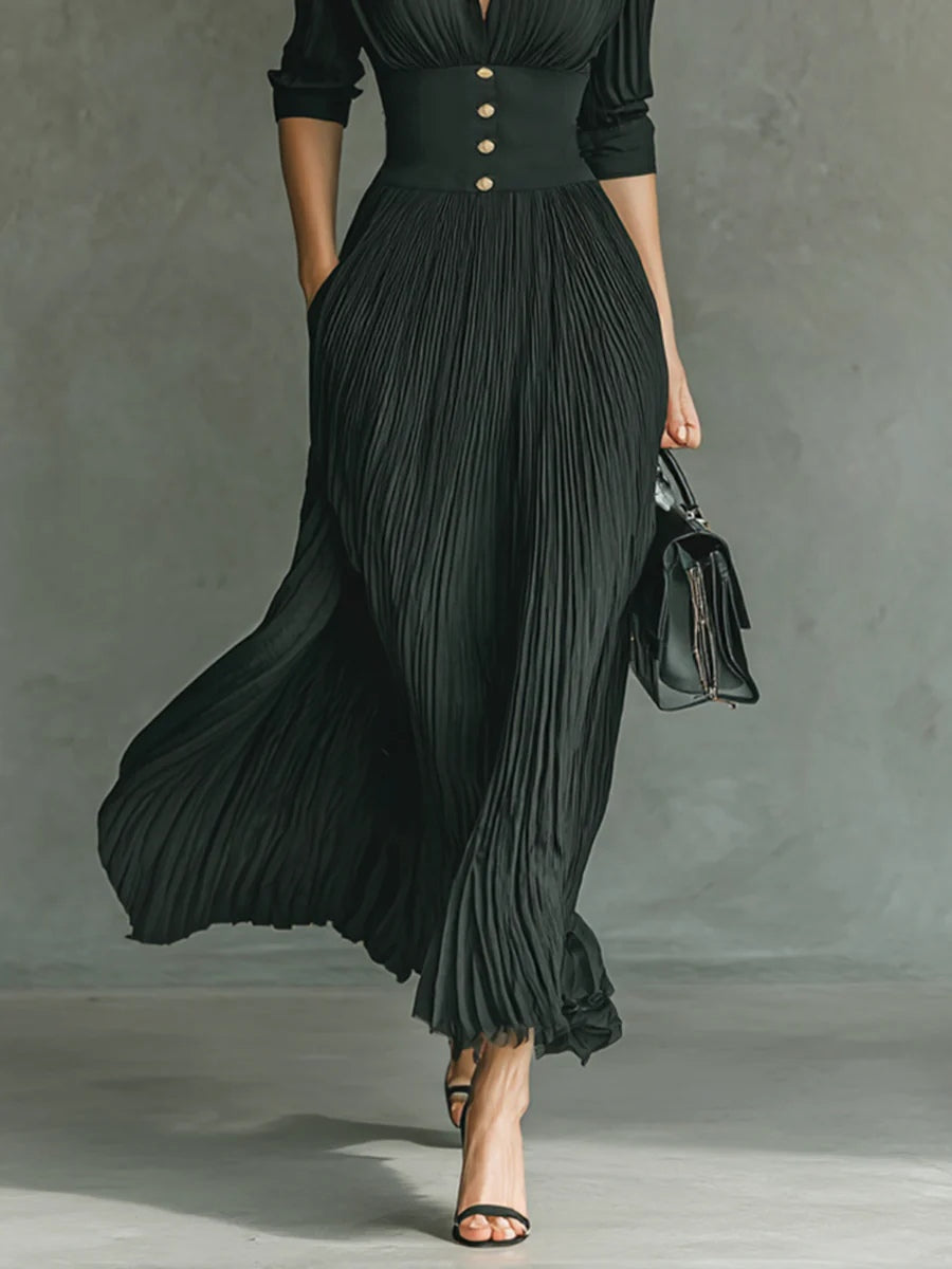 Collared pleated long sleeve maxi dress, back view