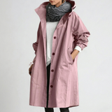 Damaris long hooded rain jacket in pink, front view