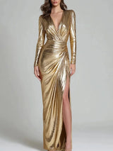 Dorinda metallic wrap maxi dress in gold, front view