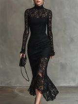 Elvienne women's long-sleeve lace fishtail maxi dress