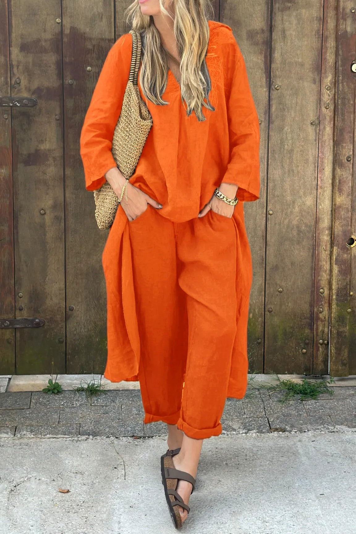 V-neck long sleeve two-piece set, styled view
