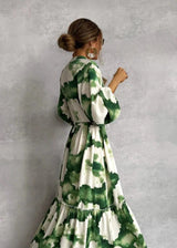 Tie-dye belted long sleeve tiered maxi dress