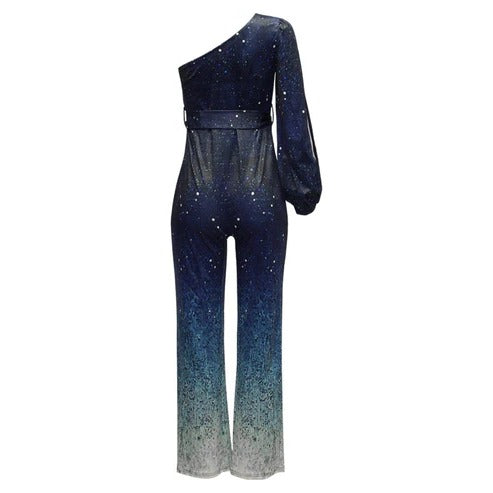Roxanne | One Shoulder Sequin Ombre Flare Leg Jumpsuit