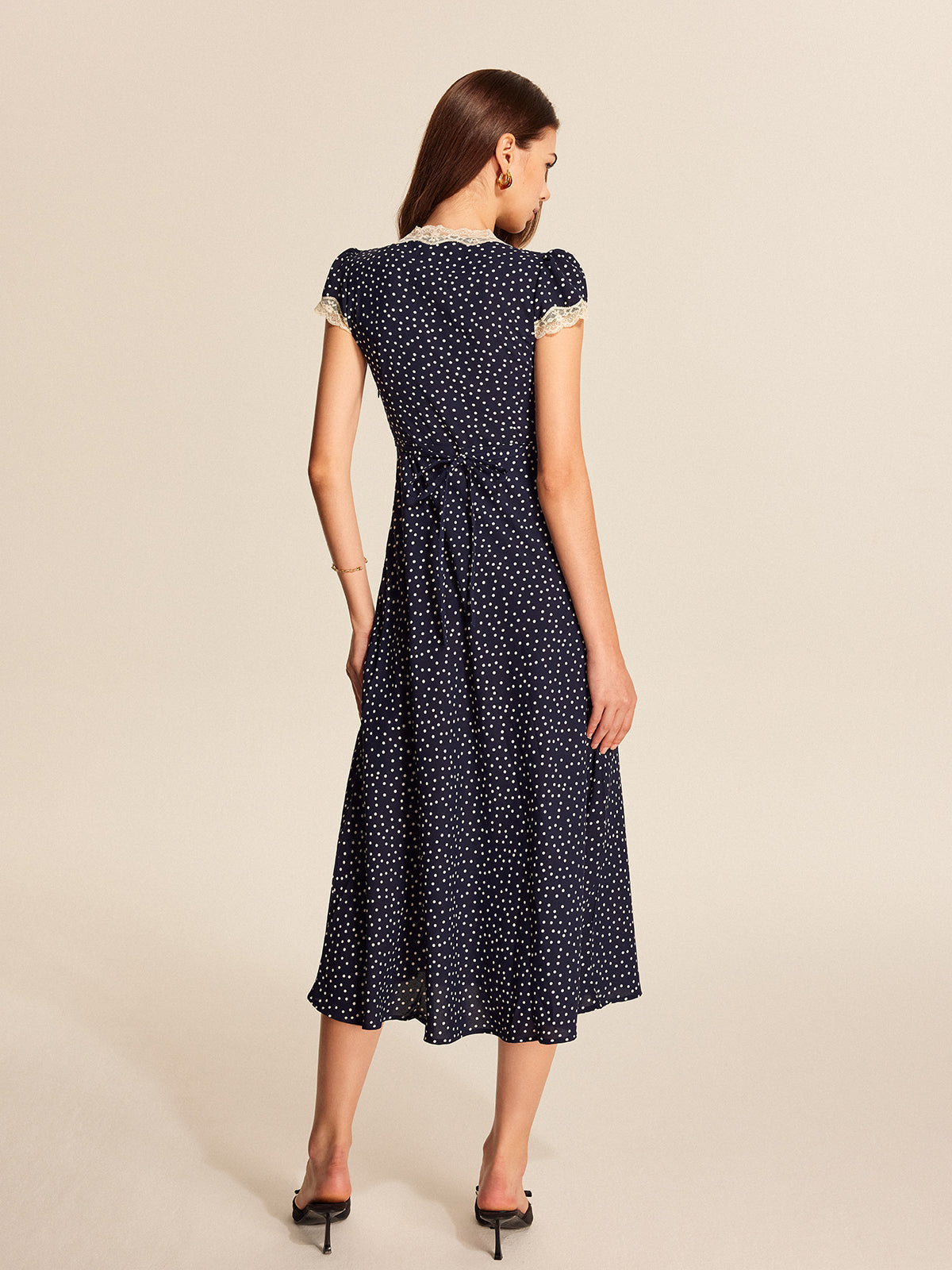 Viviana | Polka Dot Lace Trim Midi Dress