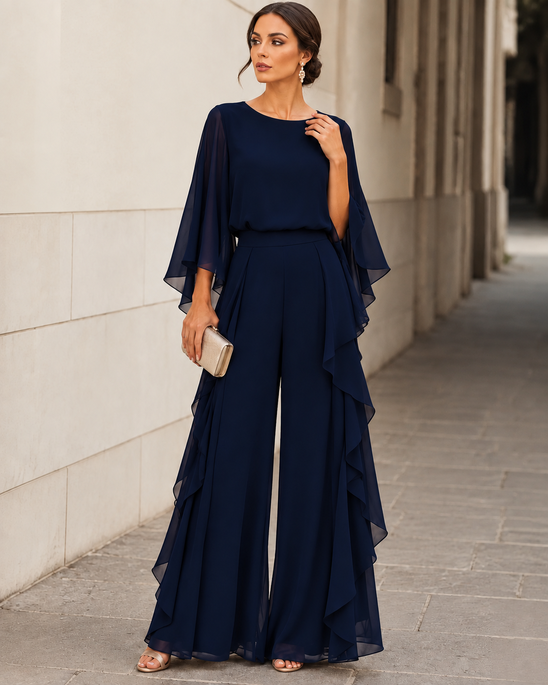 Mother of the bride cape-sleeve set in navy