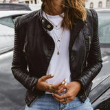 Keziah black zip-up biker jacket, front view