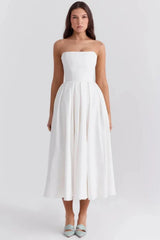 Strapless pleated A-line midi dress in white, front view