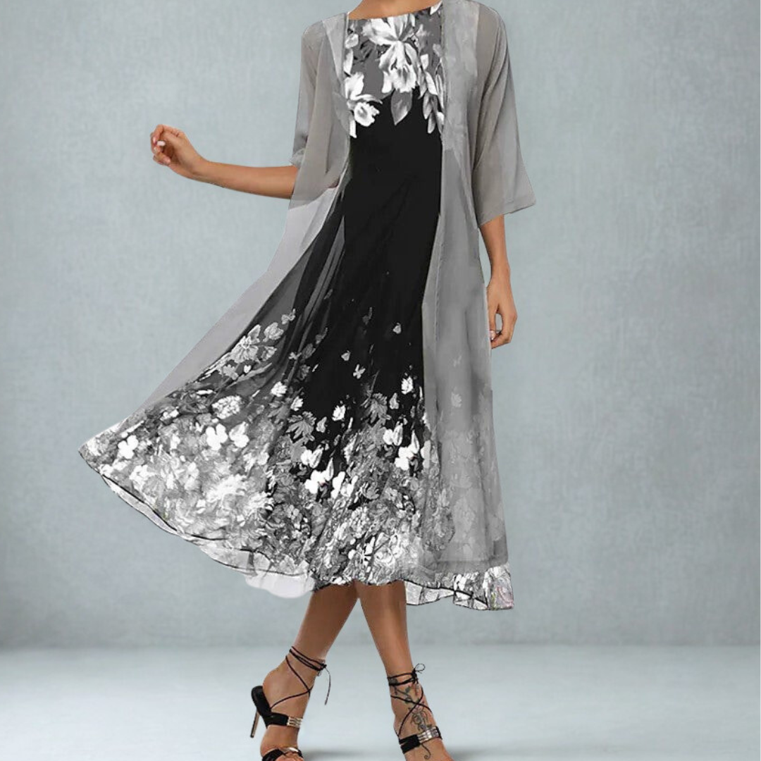Liana | Three-Quarter Sleeve Floral A-Line Midi Dress