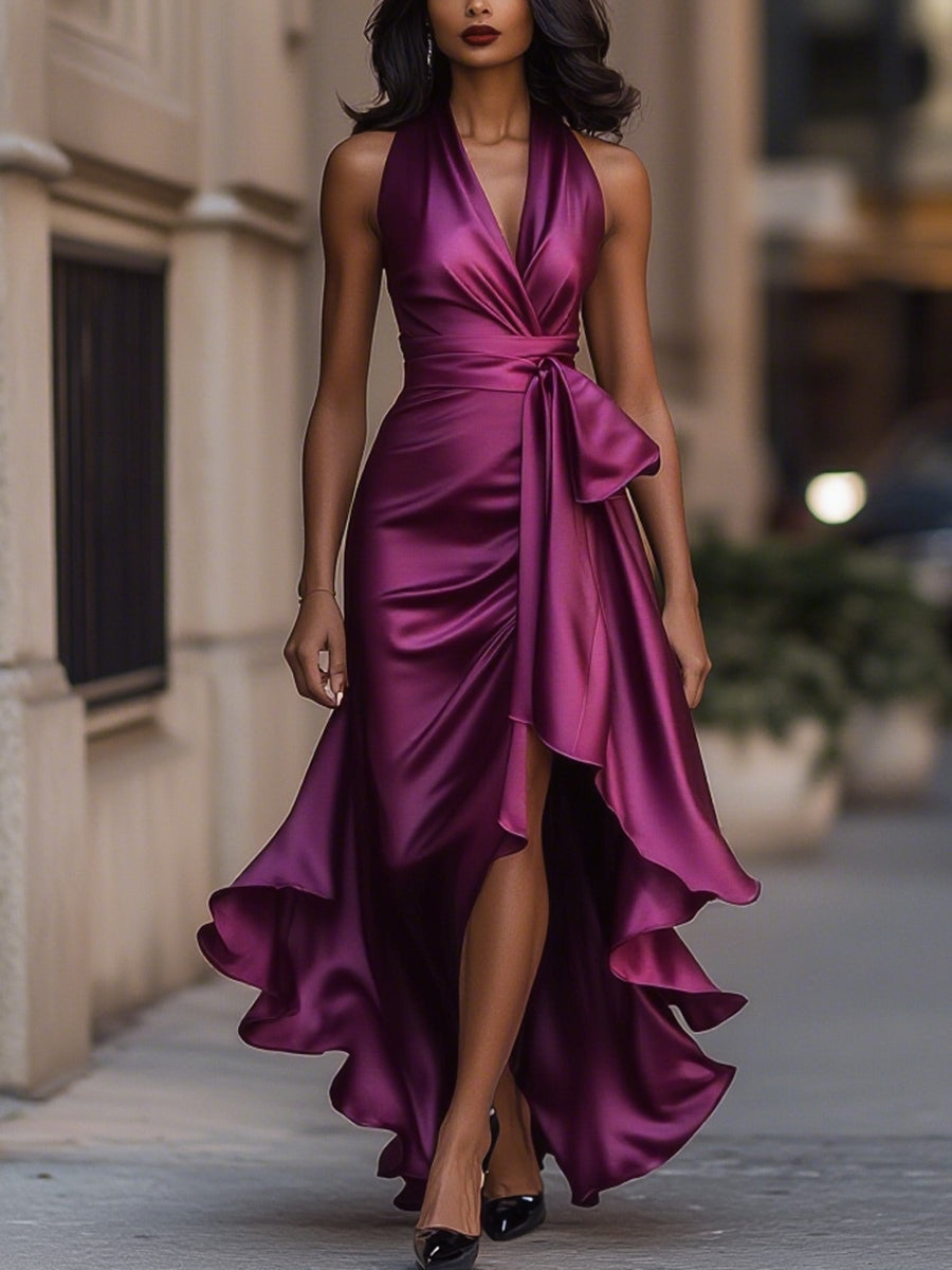 Lisette | High-Low Hem V-Neck Wrap Midi Dress
