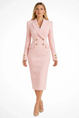 Magdalena blazer midi dress with gold buttons, front view