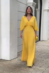 Pleated V-neck maxi gown with long sleeves, front view