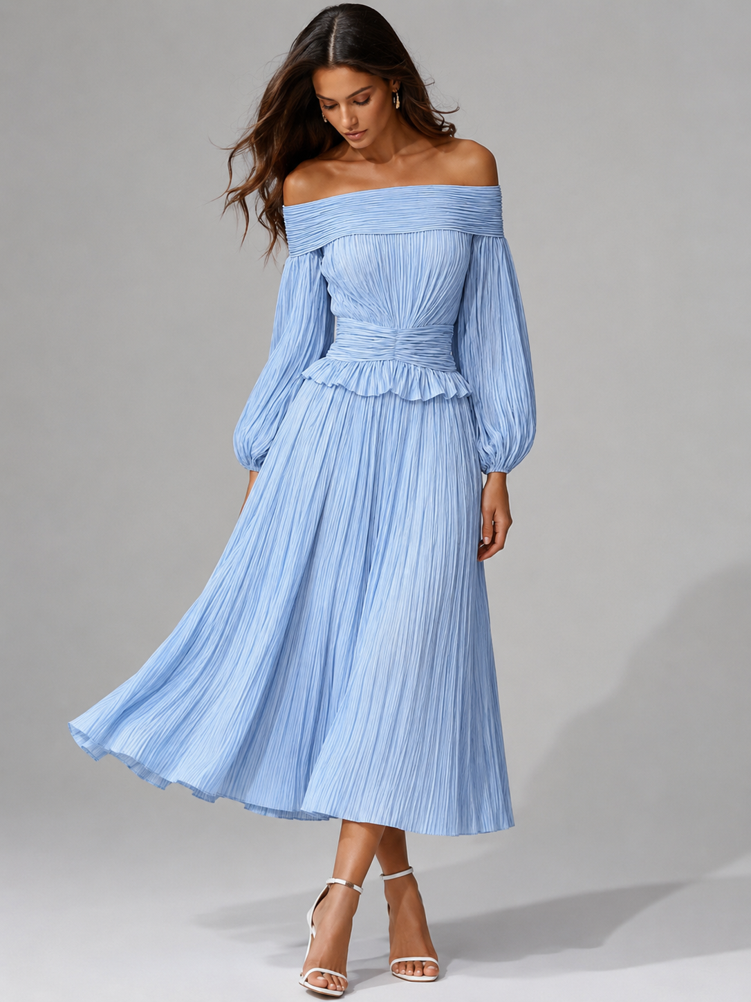Off-shoulder pleated wedding guest midi dress for women view 4