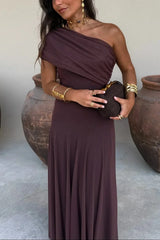 Brown one-shoulder pleated maxi dress